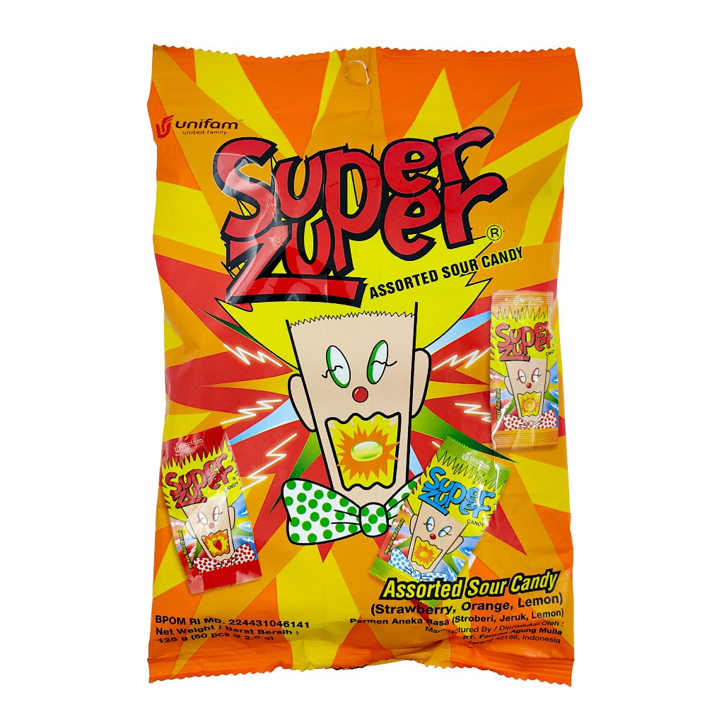 

PERMEN SUPER ZUPER ASEM SOUR CANDY 125GRAM ISI 50 PERMEN ASEM MANIS