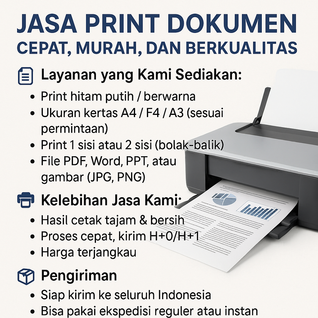 

Jasa Print/Cetak Dokument, Makalah, Skripsi, Tugas, Laporan, File penting Murah dan Cepat