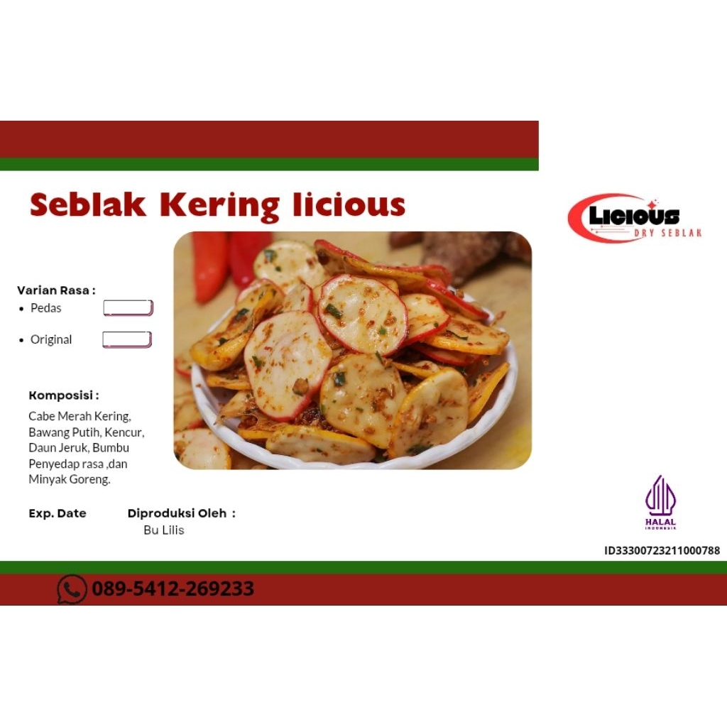 

Licious Seblak kering, Dengan berat 250gr. ada 2 farian rasa Original dan Pedas.