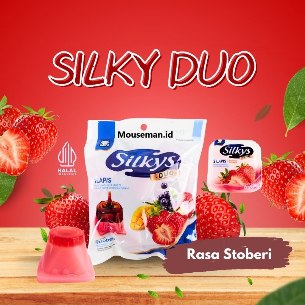 

Silky Duo Rasa Stroberi Silkys Sidore Jeli Rasa Aneka Buah 2 Lapis dengan rasa GULA AREN Lembut & nikmat kombinasi rasanya JELI RASA STROBERI ( mangga, leci & bluberi ) 260gr / 10pcs @ 26g
