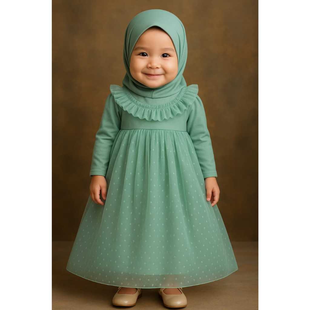 Gamis Hijab Bayi Renda Tutu Tile Doti (0-4Tahun) Pakaian Muslim Anak Perempuan Hijau Wardah Sage