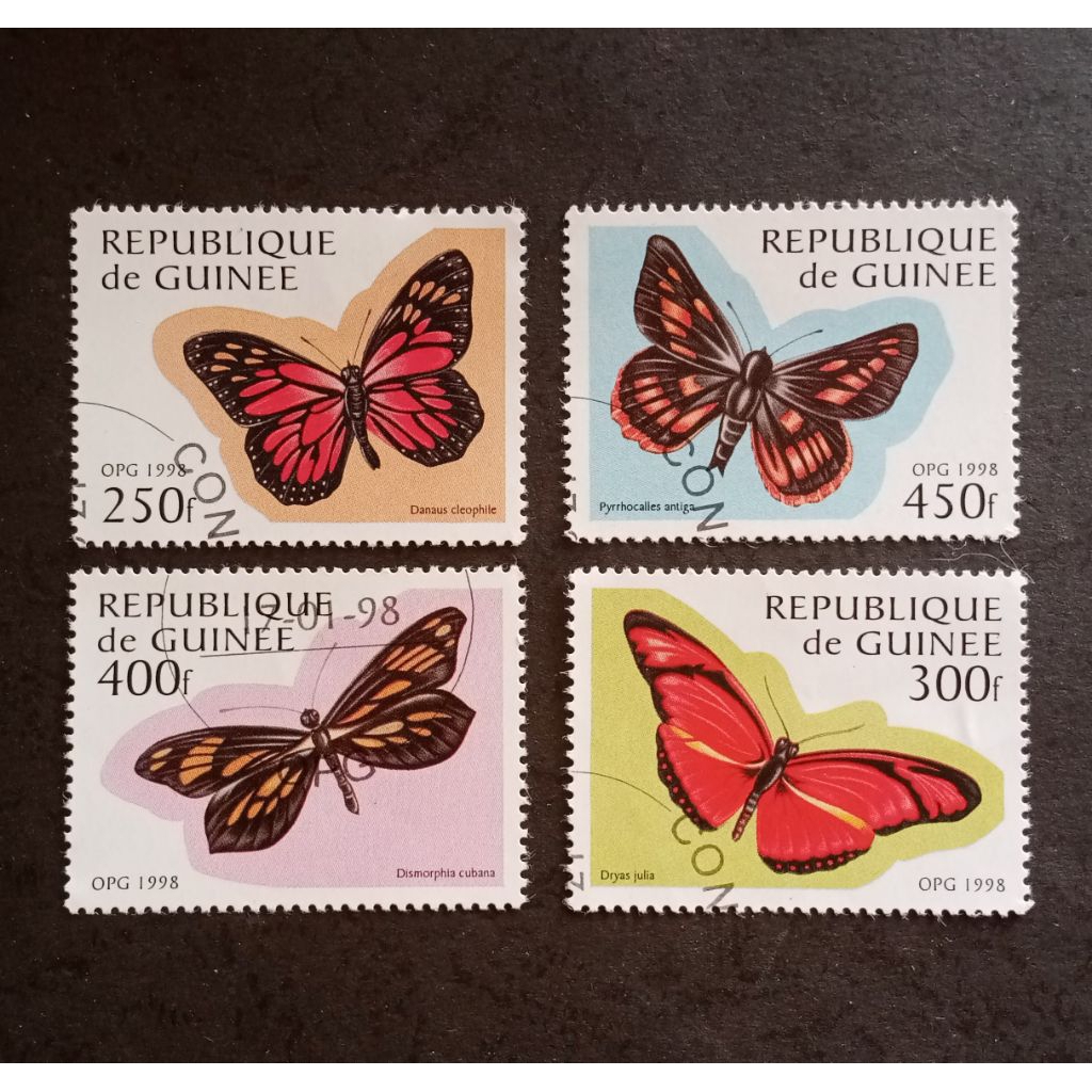 

perangko Guinea insect butterfly set 4 buah tahun 1998