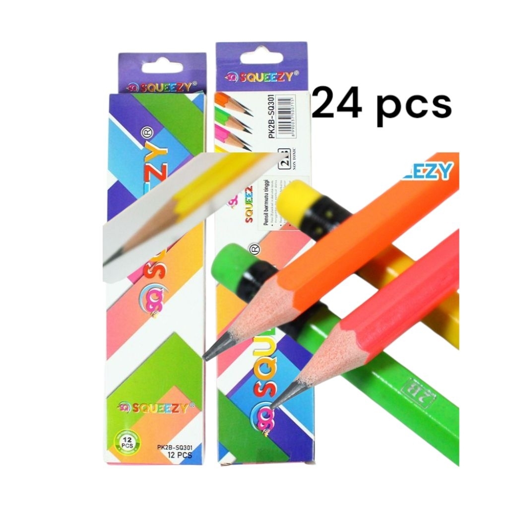 

24 Pcs Pensil 2B SQUEEZY/ SQ-301 Sudah Runcing Free Penghapus/Pencil 2B/Pensil Sekolah/Stationery