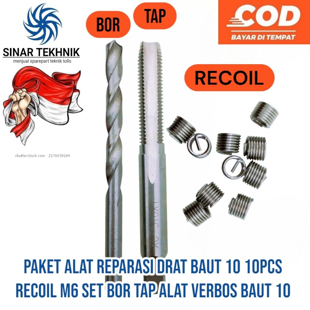 Paket Alat Reparasi Drat Baut 10 10pcs Recoil M6 Set Bor Tap Alat Verbos Baut 10