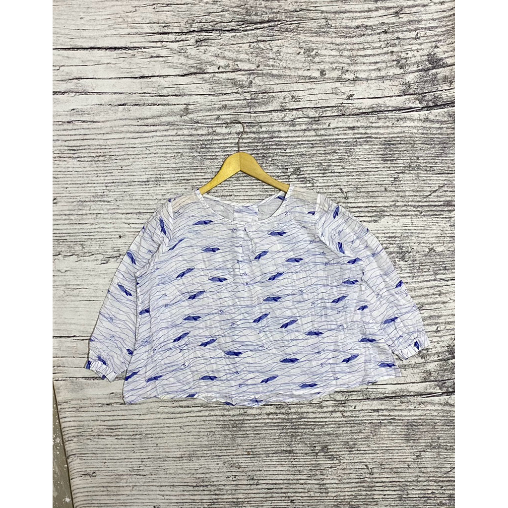 Blouse blus crop croop baju atasan wanita perempuan cewek oversize motif biru putih no brand second
