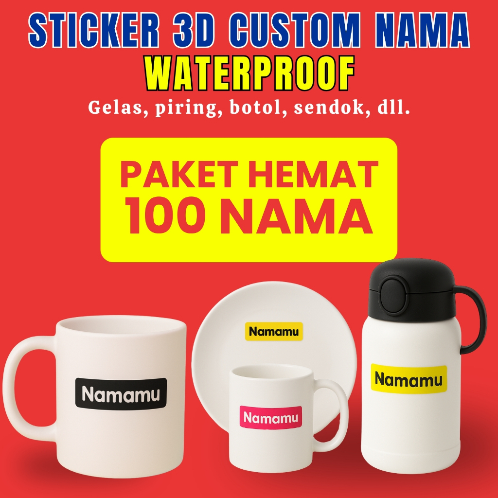 

100 PCS Stiker Barang Custom Nama Piring Sendok Botol Gelas Perabotan timbul waterproof label