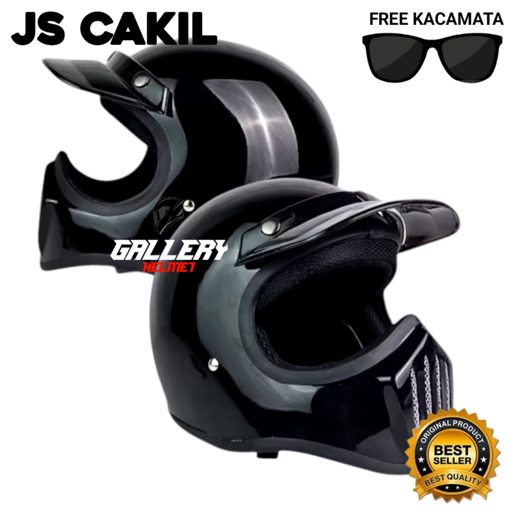 Helm Js Cakil Retro Solid Hitam Glossy SNI |  Cakil Retro Motorcycle Murah Pet