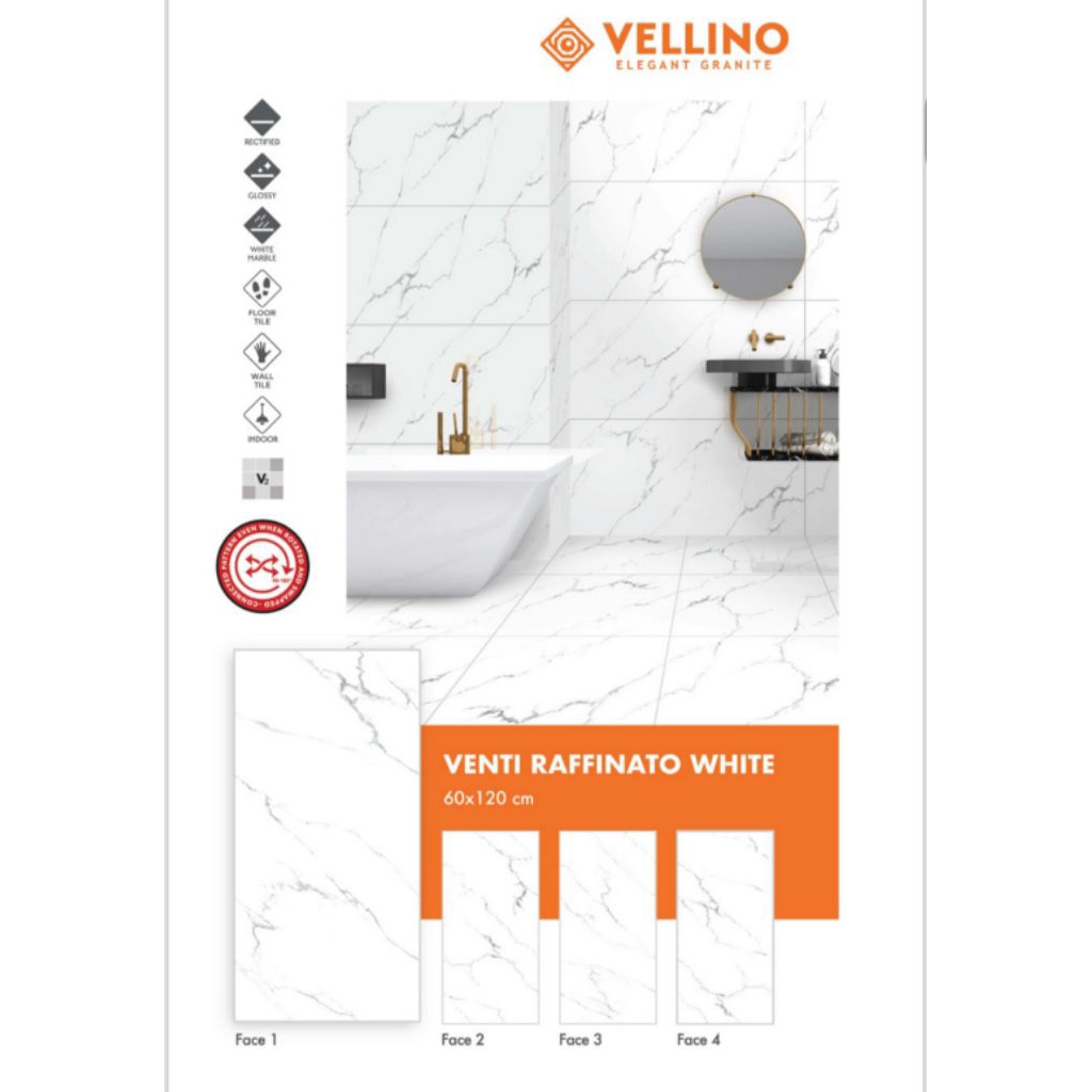 GRANIT MERK VELLINO TIPE VENTI RAFFINATO WHITE UKURAN 60X120 WARNA LATAR PUTIH MOTIF CORAK MARBLE AB