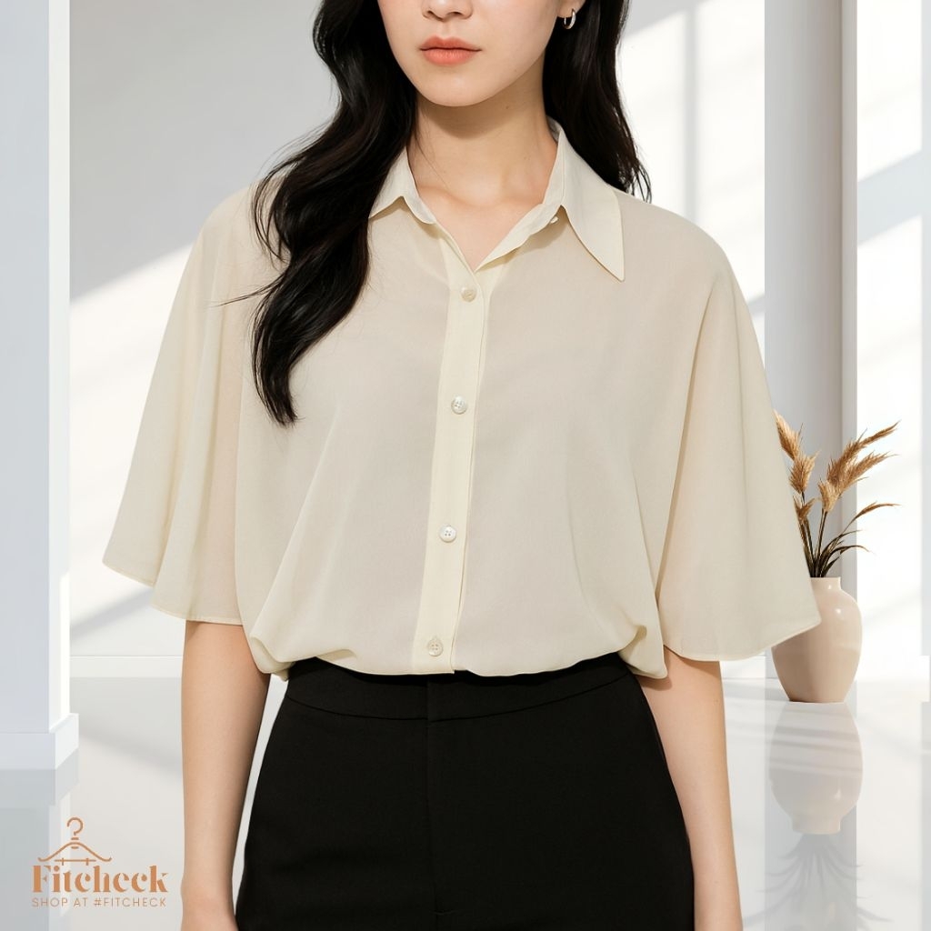 A12 - Kemeja Casual Wanita Putih Gambar Tulang Brand Glad News Kemeja Kasual