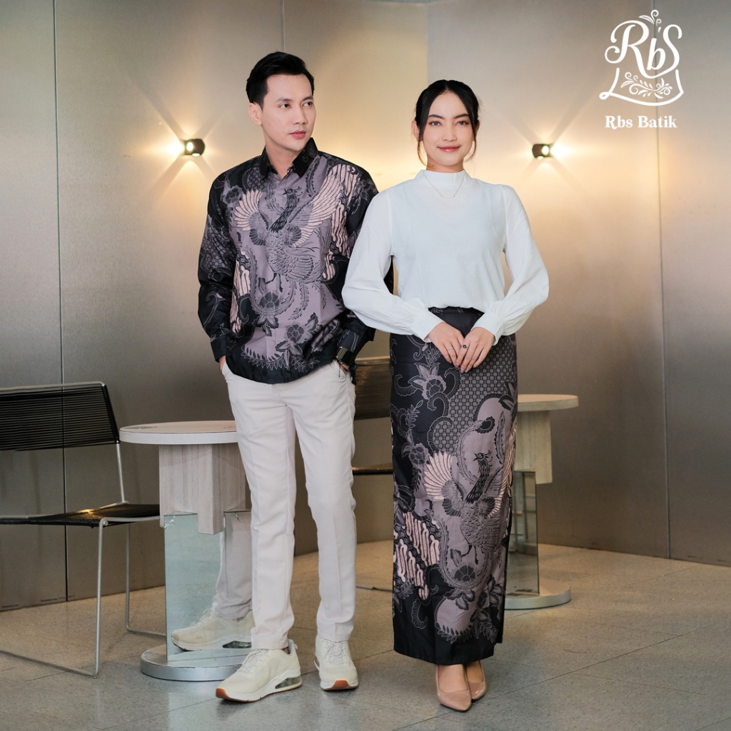 RBS Batik - Couple Batik Kemeja dan Rok Pria Wanita Maheswara Slimfit Lapis Furing Warna Hitam Kombi