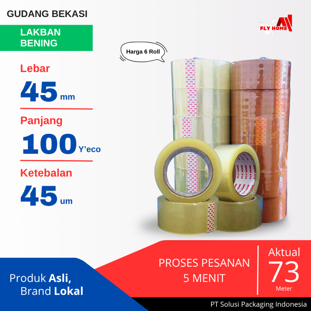 

FLYHOME 6Roll Lakban Bening 45x100Y 2inchi Solasi Uk Besar ECO 100 yard