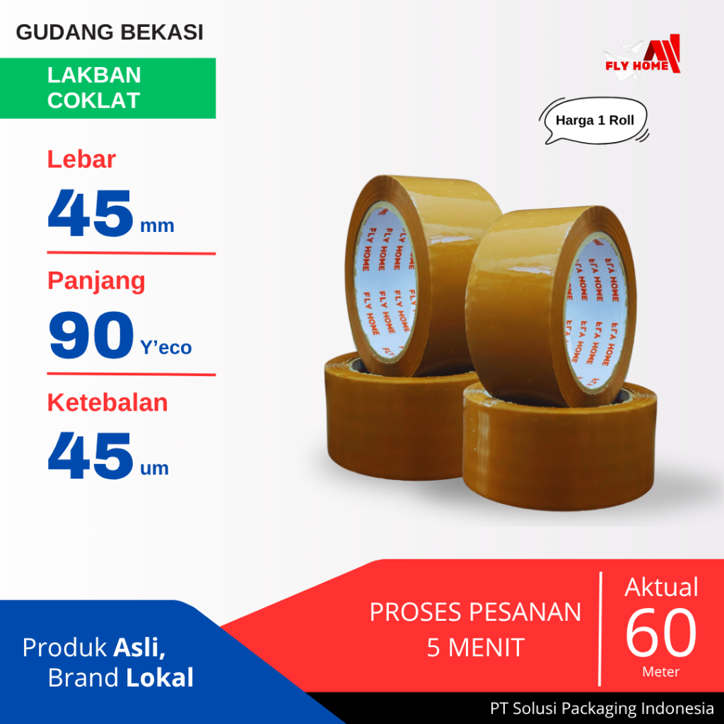 

FLYHOME 1Roll Lakban Coklat 45x90Y 2inchi Solasi Uk Besar ECO 90 yard