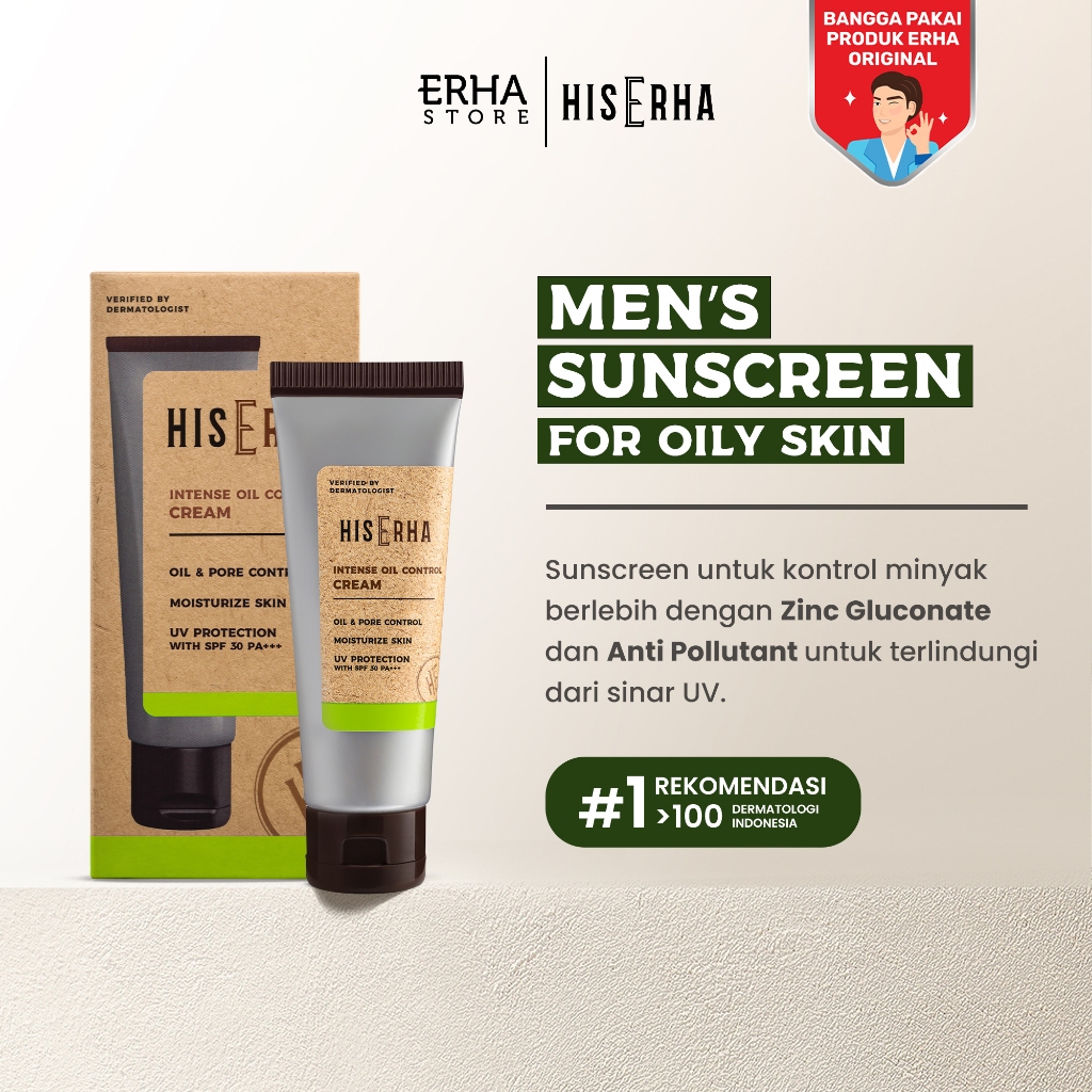 HisErha Intense Oil Control Cream 20g – Suncreen Pelembab Wajah Pria Untuk Kulit Berminyak, Matte Fi