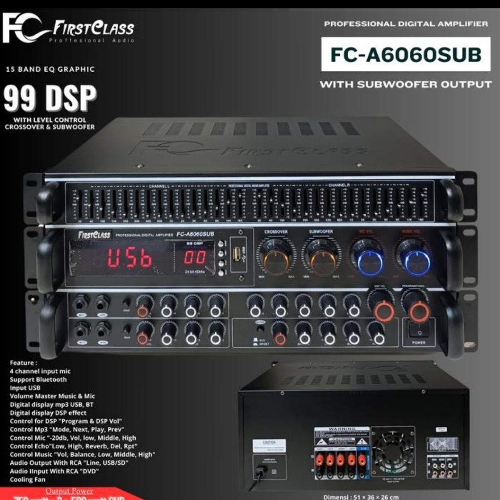 Professional Digital Ampli Firstclass FCA 6060SUB Amplifier Firstclass FC A6060 SUB 99 DSP 750W X2 +