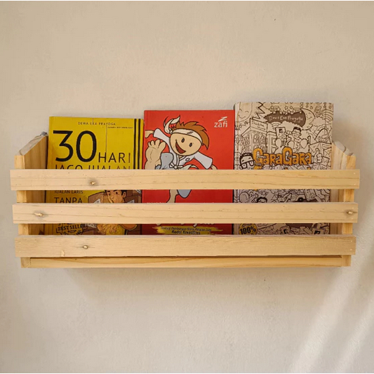 Rak Ambalan Kayu Tempat Wadah Buku Tulis Novel Majalah Gantung Dinding Portabel