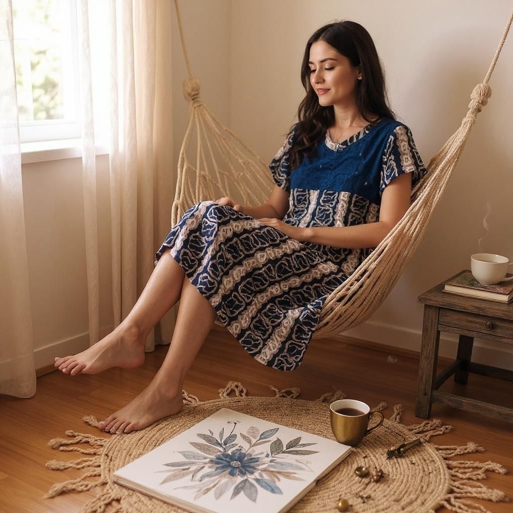 daster,MIDI, dress Gaun Batik Biru, Gaun Motif Garis, Gaun Pola Tradisional.