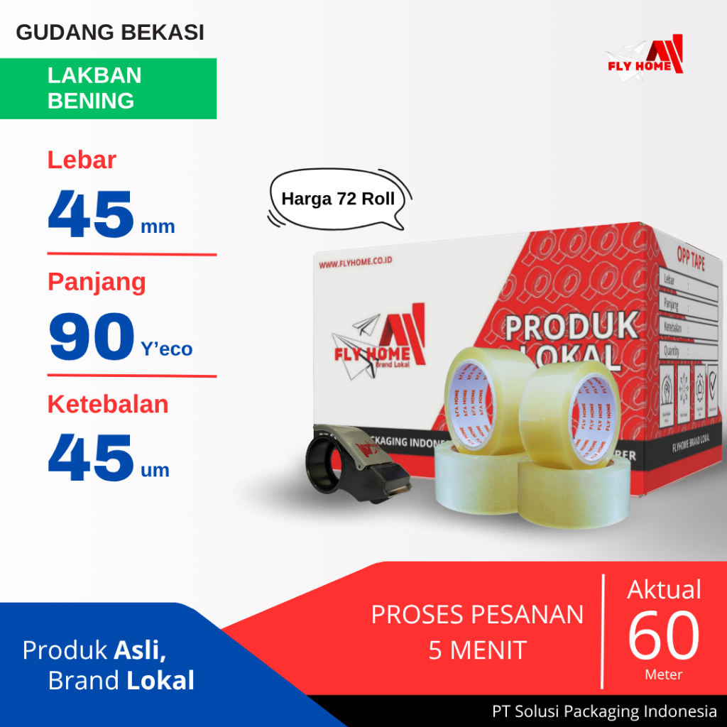

FLYHOME 1Dus Lakban Bening 45x90Y 2inchi Solasi Uk Besar 72Roll ECO 90 yard CARGO