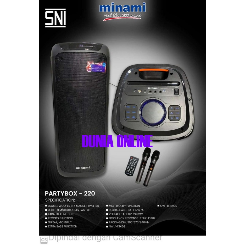 SPEAKER PORTABLE DOUBLE MINAMI PARTYBOX 220 PREMIUM 2X8 INCH PARTYBOX220 LUXURY