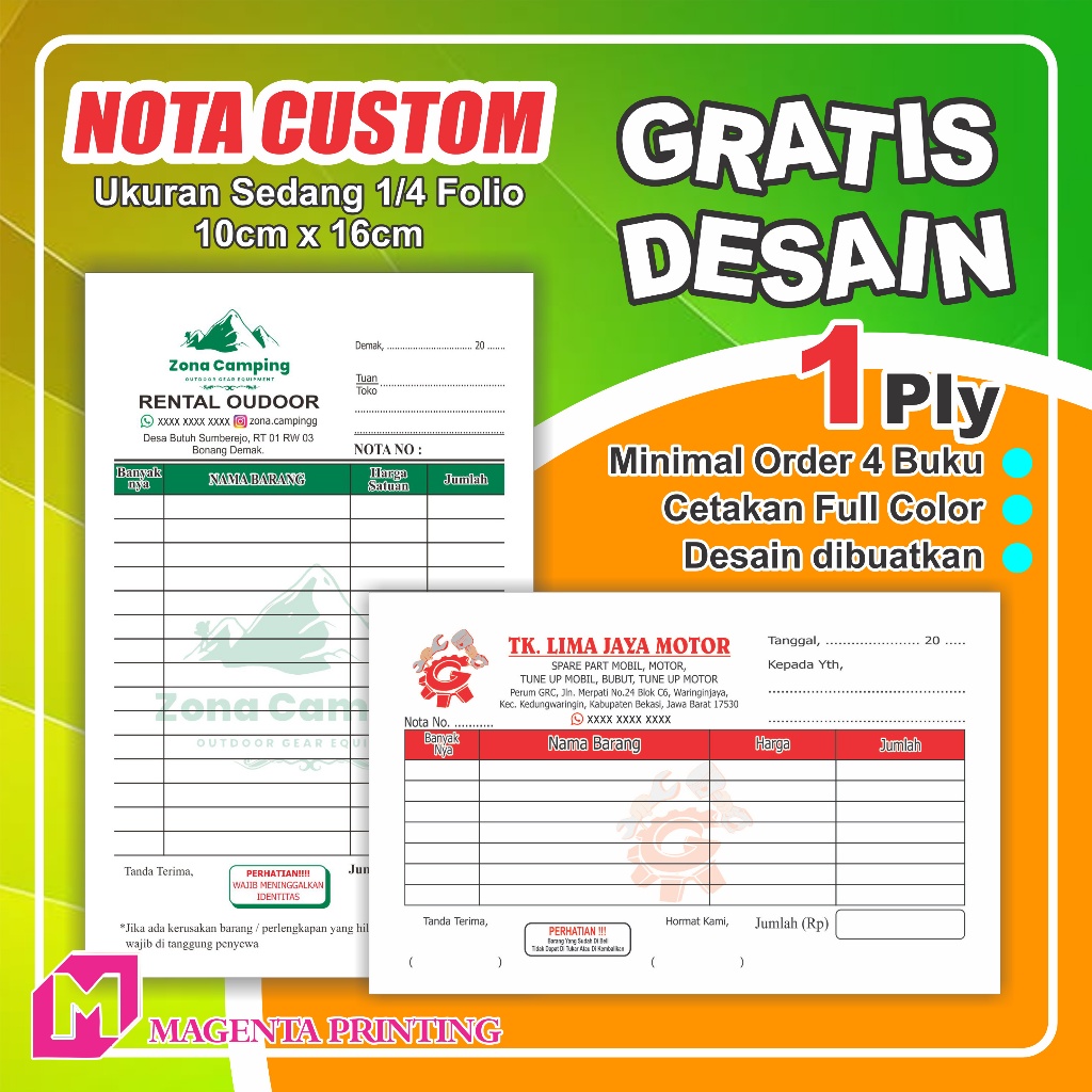 

Nota Custom Murah 1 ply ukuran 1/4 folio cetak nota full color gratis desain magentaprinting