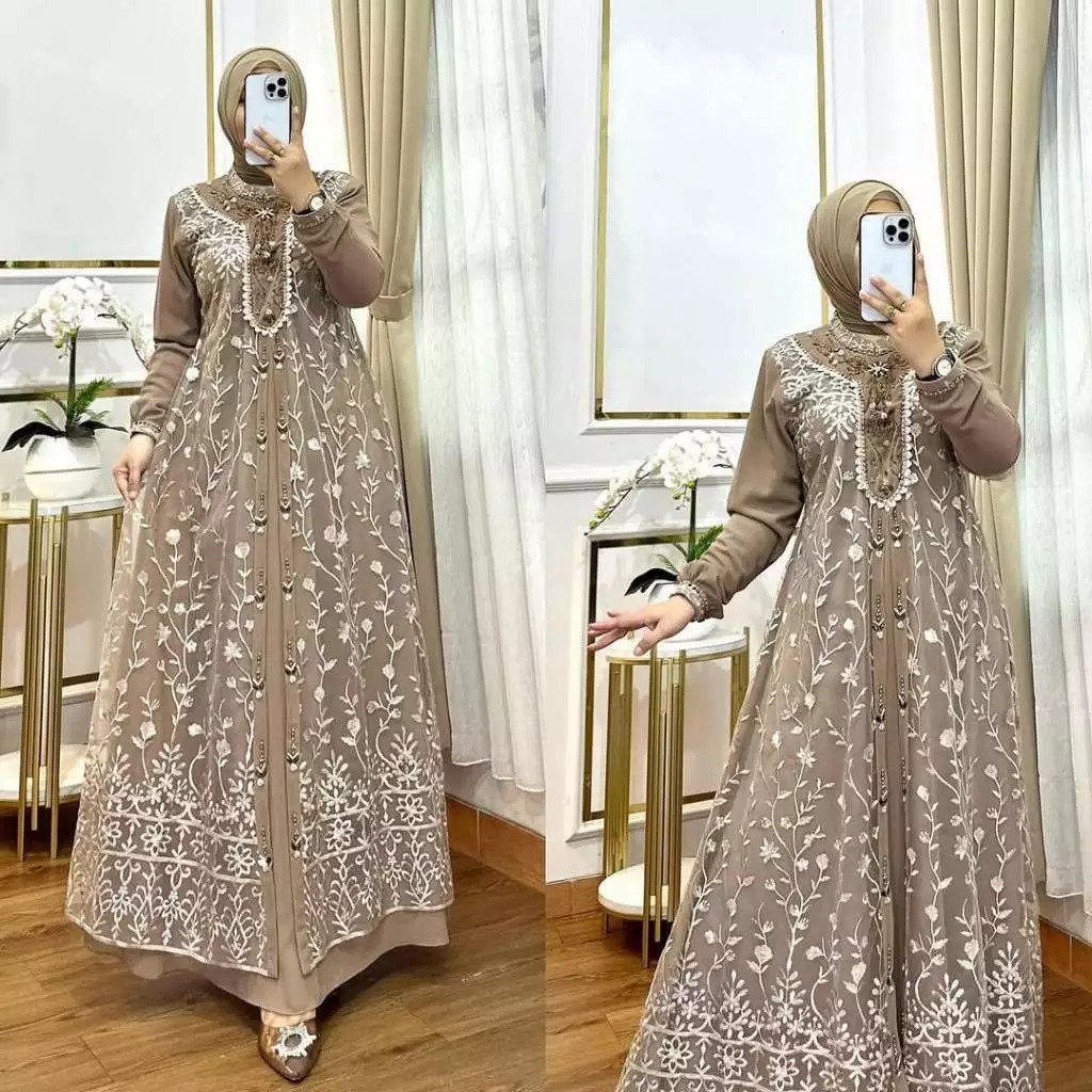 Baju Gamis Wanita Terbaru Maudy Dress Bahan Ceruty Baby Doll Mix Brukat Garden Aplikasi Mutiara Paye