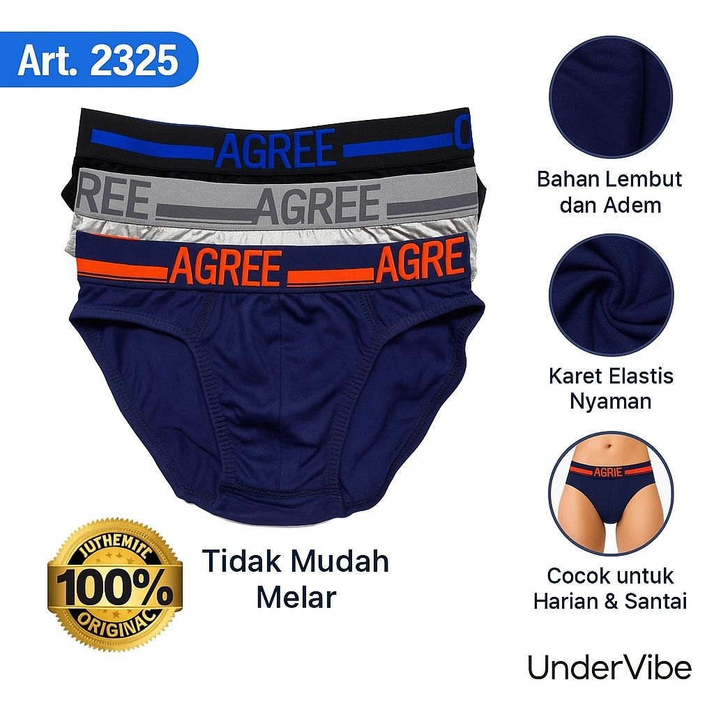 Paket 3 Pcs AGREE Celana Dalam Pria Boxer Brief  – Nyaman, Adem & Elastis | Art. 2325