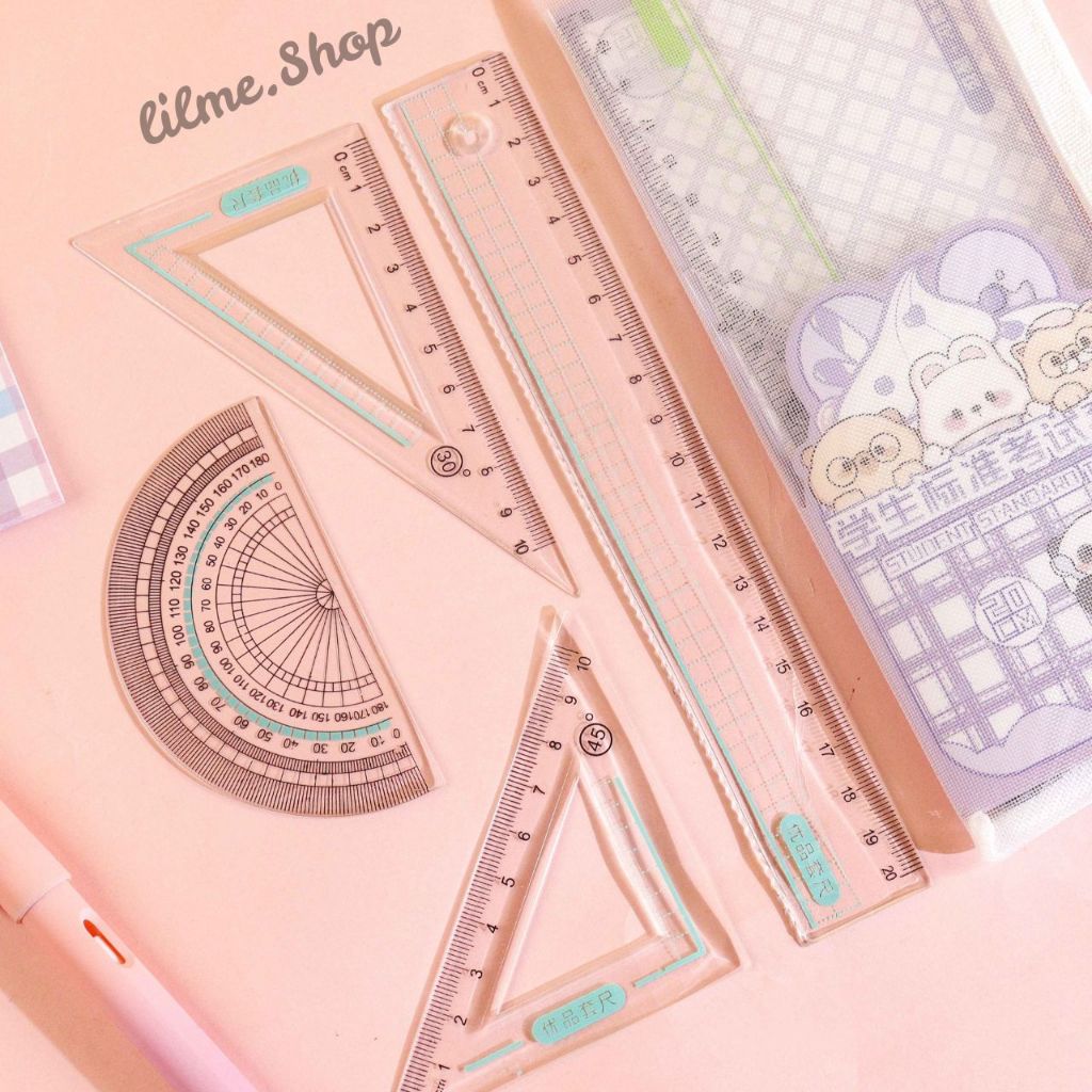 

[1 Set 4 Pcs] Penggaris Plastik Set Lengkap Dengan Zipper Pouch Jaring Cute Animal