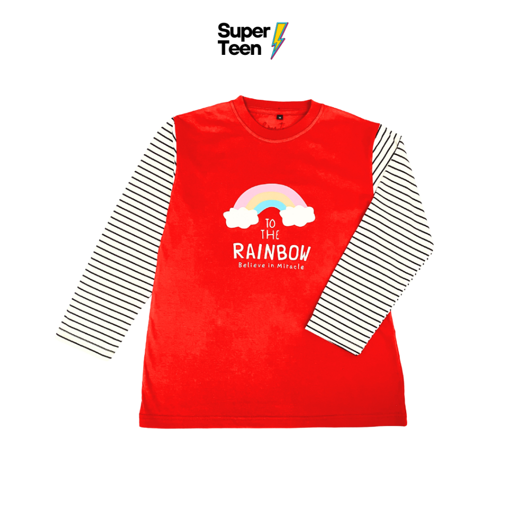 Kaos Anak Stripe Remaja Perempuan Tanggung Lengan Panjang Warna Merah Pelangi Umur 9 - 14 Tahun