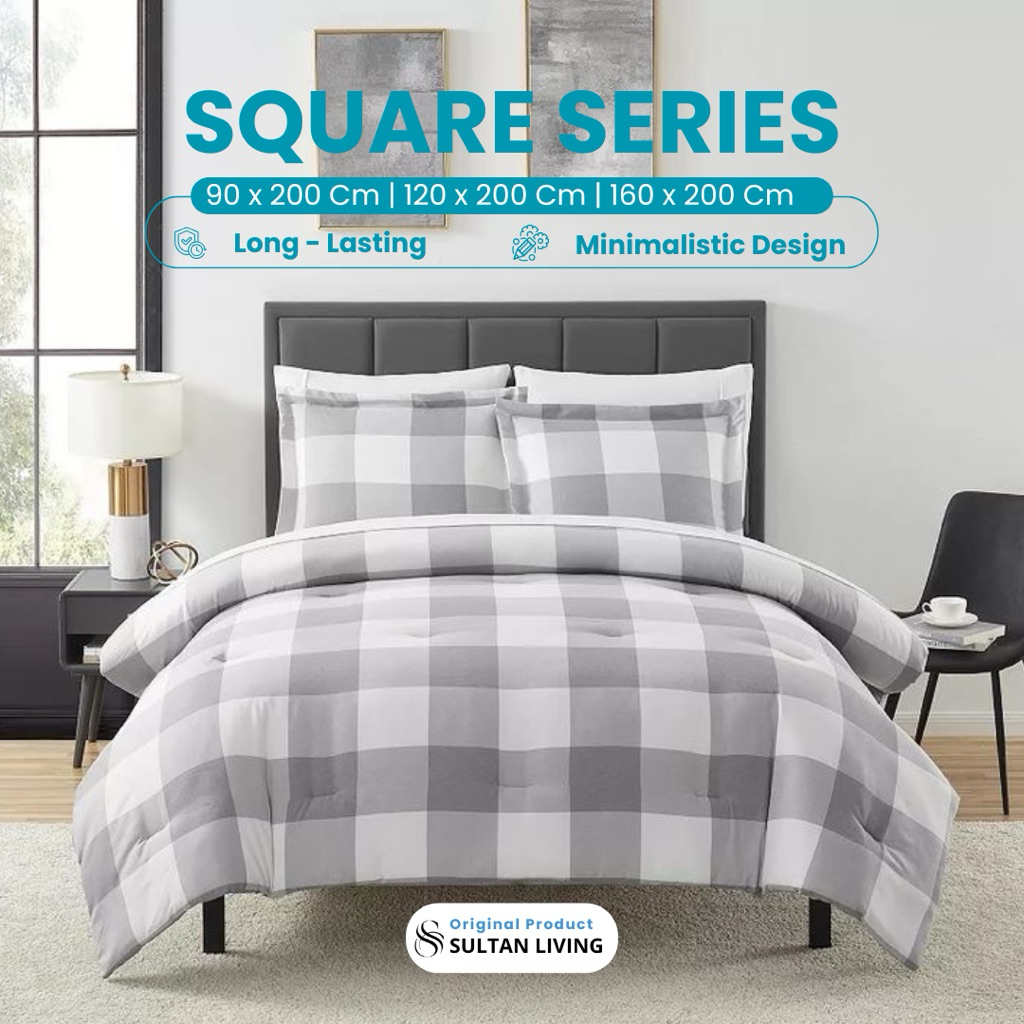 Sultan Living 🇲🇨 | Sprei Aesthetic Motif Kotak abu muda | Seprai Kotak Ala Korea Free Sarban Sargul