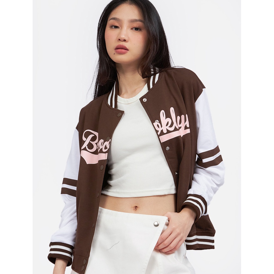 Best COLORBOX Contrast Sleeve Varsity Jacket Dark Brown