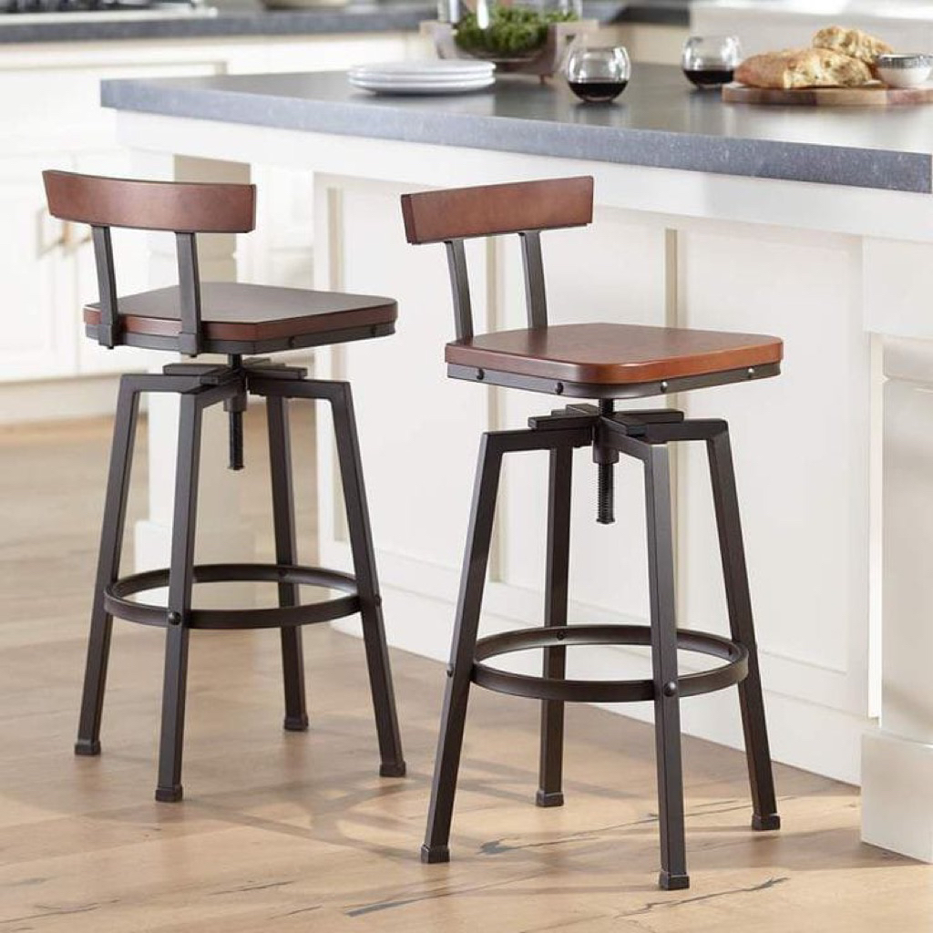 Kursi bar besi putar dudukan sandaran kayu jati bar stool besi kokoh
