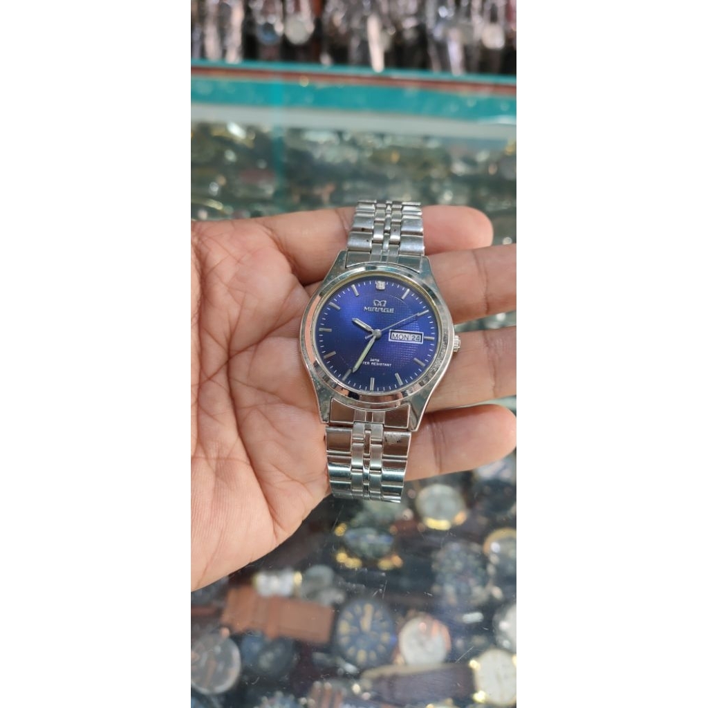 jam tangan pria Mirage elegan blue dayung stainless steel ada kalender water resist