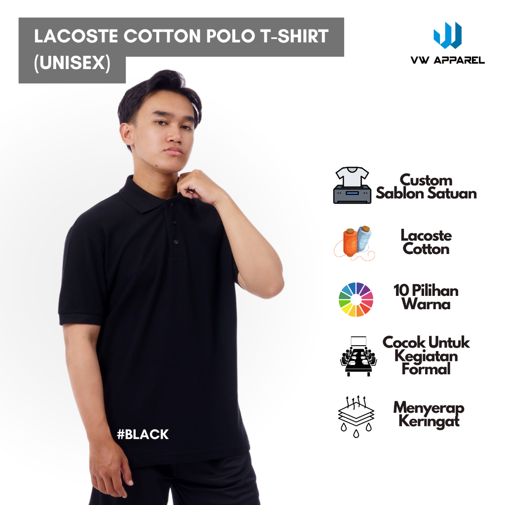 LACOSTE COTTON POLO T-SHIRT (UNISEX) / KAOS KERAH POLO / KAOS POLO CUSTOM SATUAN FREE DESIGN