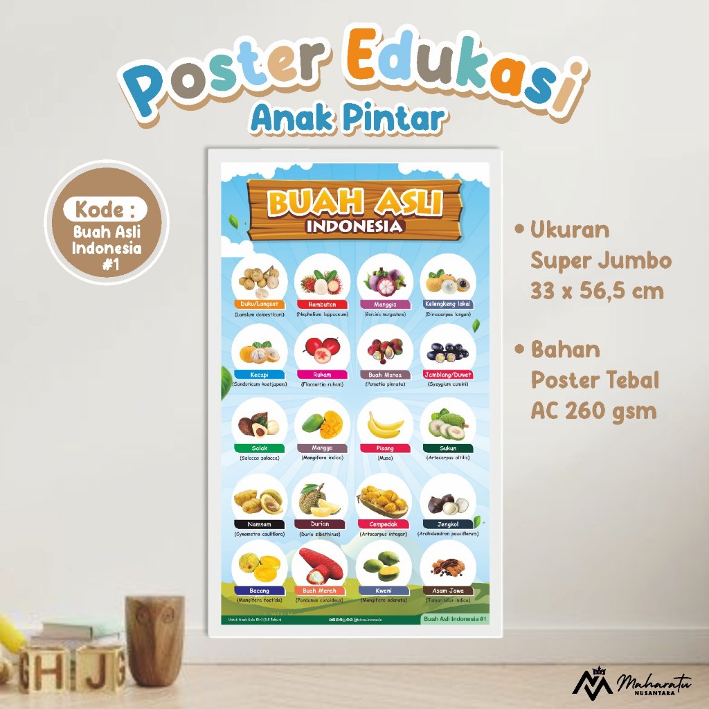 POSTER GAMBAR TEMA BUAH ASLI INDONESIA 1 - POSTER  EDUKASI ANAK JUMBO