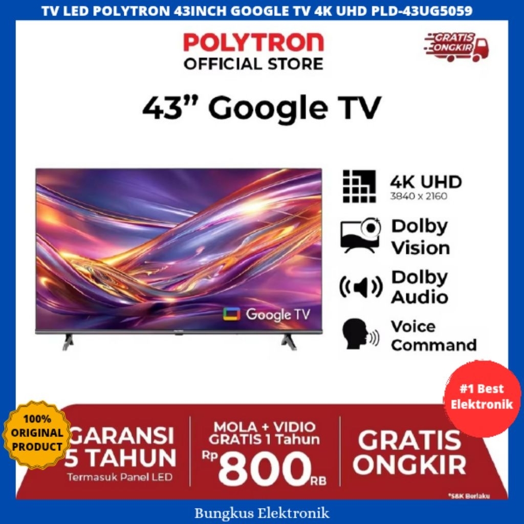 TV LED POLYTRON GOOGLE TV 43INCH 4K UHD 43UG5059 TV POLYTRON 43INCH 4K