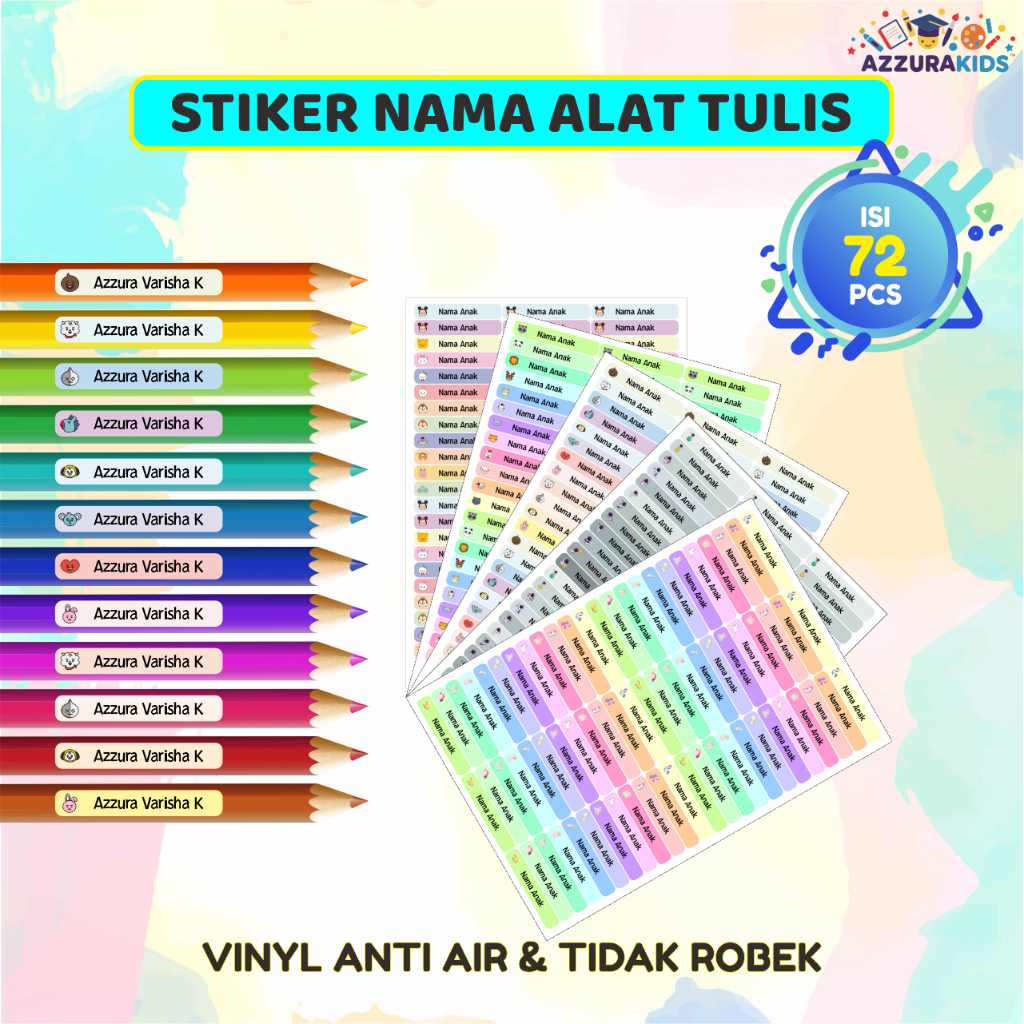 

Stiker Pensil Nama Anak Sticker Custom Label Alat Tulis Pulpen Waterproof Anti Air Karakter Isi 72