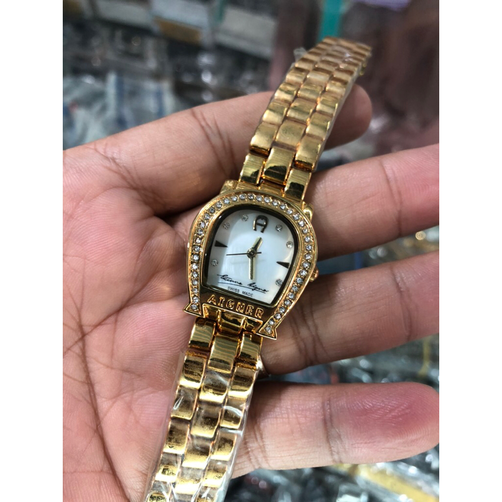 jam tangan wanita quartz gold aigner stenlis stee anti karat elegant