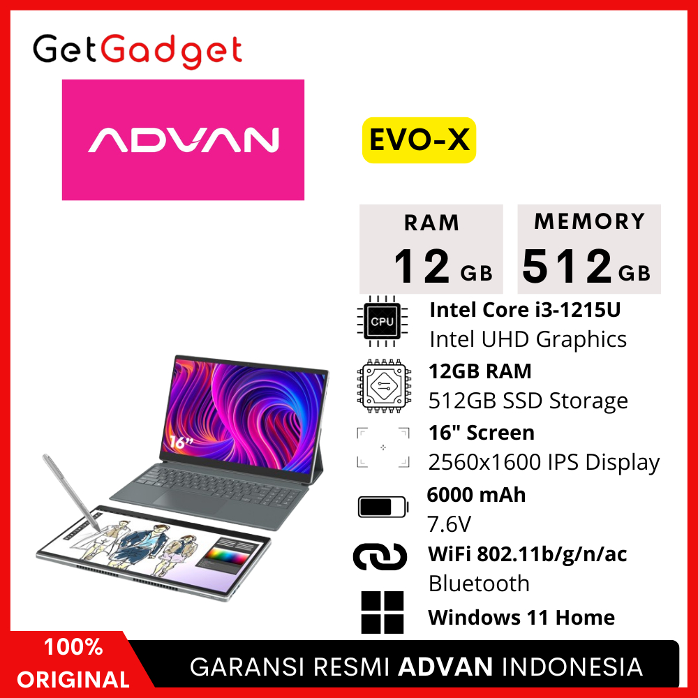 Laptop Advan Evo-X RAM 12GB 512GB Notebook Intel i3 Windows 11 New Original Garansi Resmi