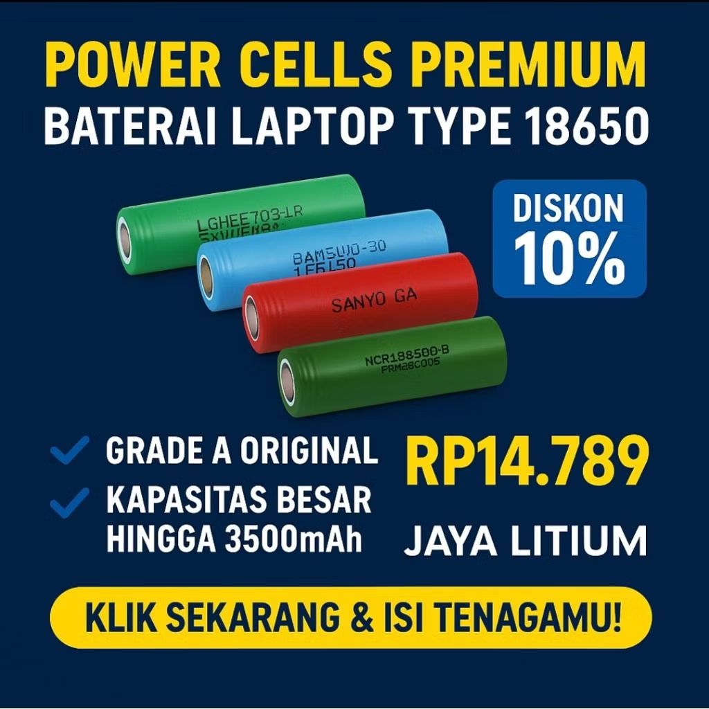 batre laptop bekas kwalitas type 18650 berbagai macam merek kapasitas 2000 - 2600 MAH