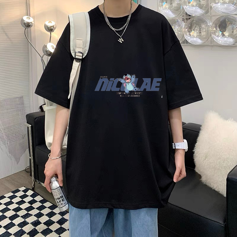 【100% Katun】Baju Kaos Hitam Putih Stitch, Cocok untuk OOTD