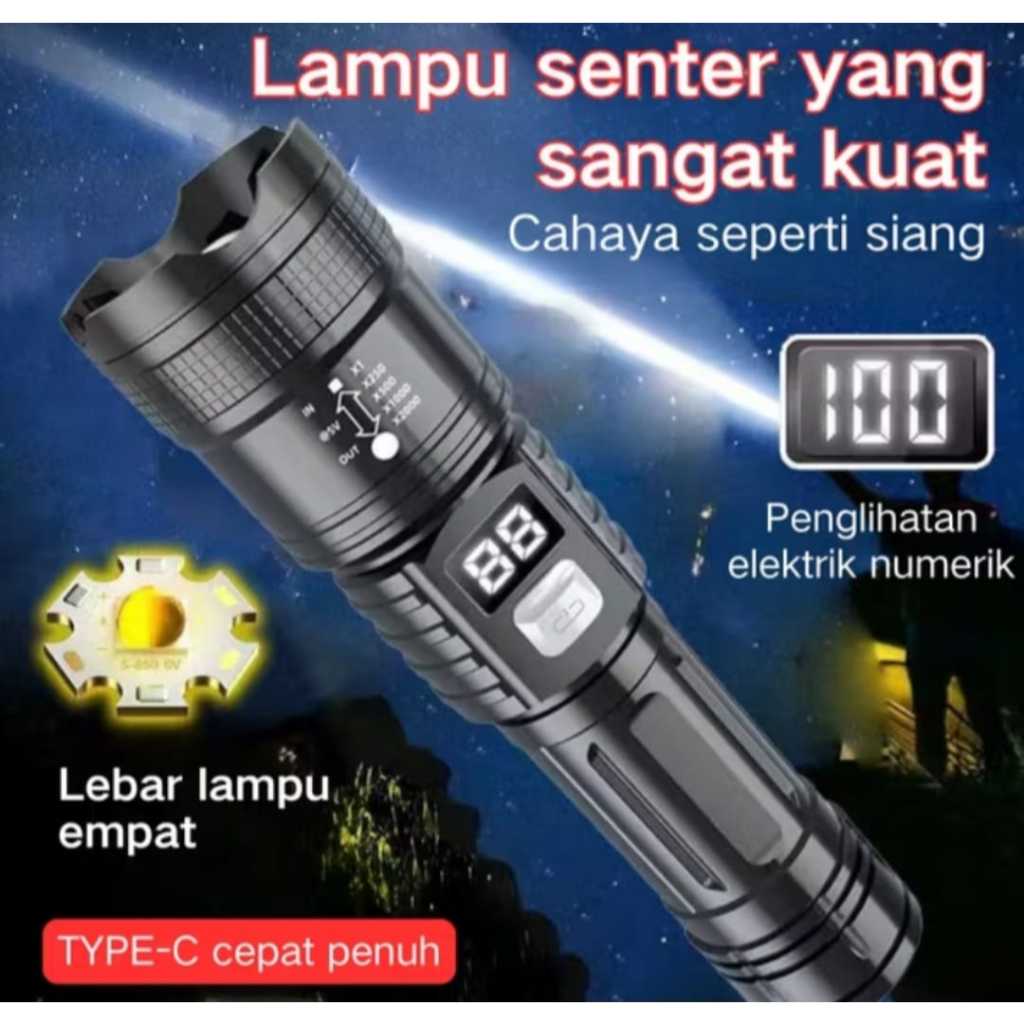 Senter LED Super Terang Berdaya Tinggi Jarak Jauh Anti AIr Senter LED 20000 Lumens USB C