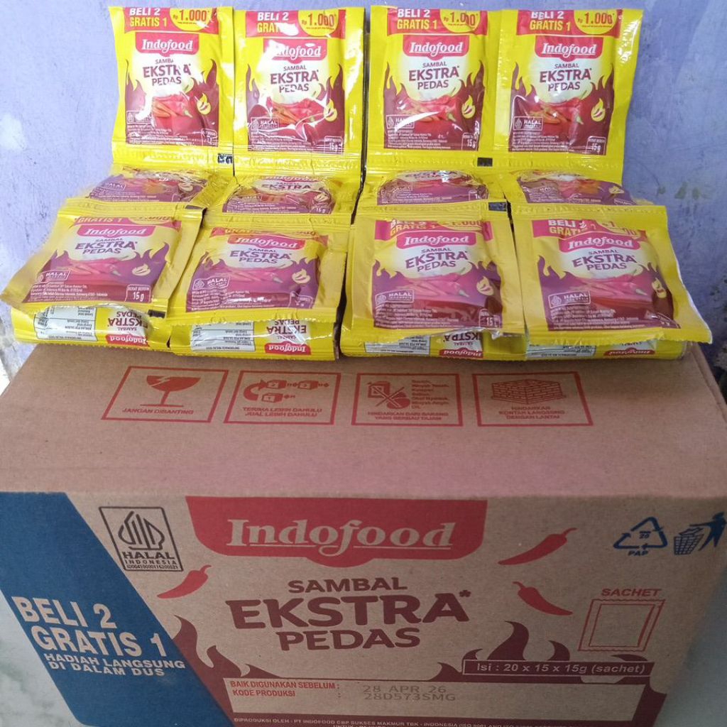 

1 dus sambal extra pedas Indofood sachet (20x15x15gr)