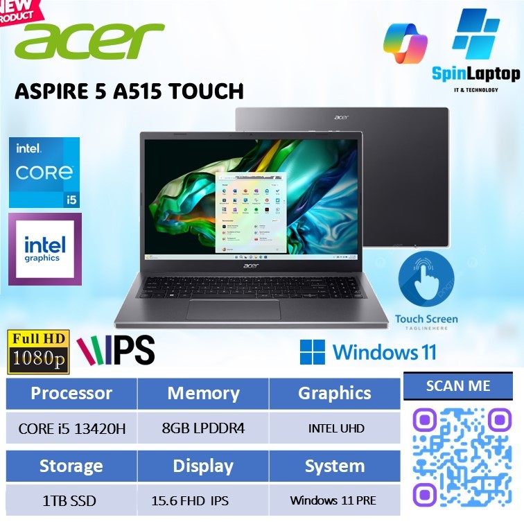 Laptop Touch Screen Acer Core i5-13420 RAM 8GB SSD 1TB Layar FHD 15.6" IPS -ASPIRE 5 A515