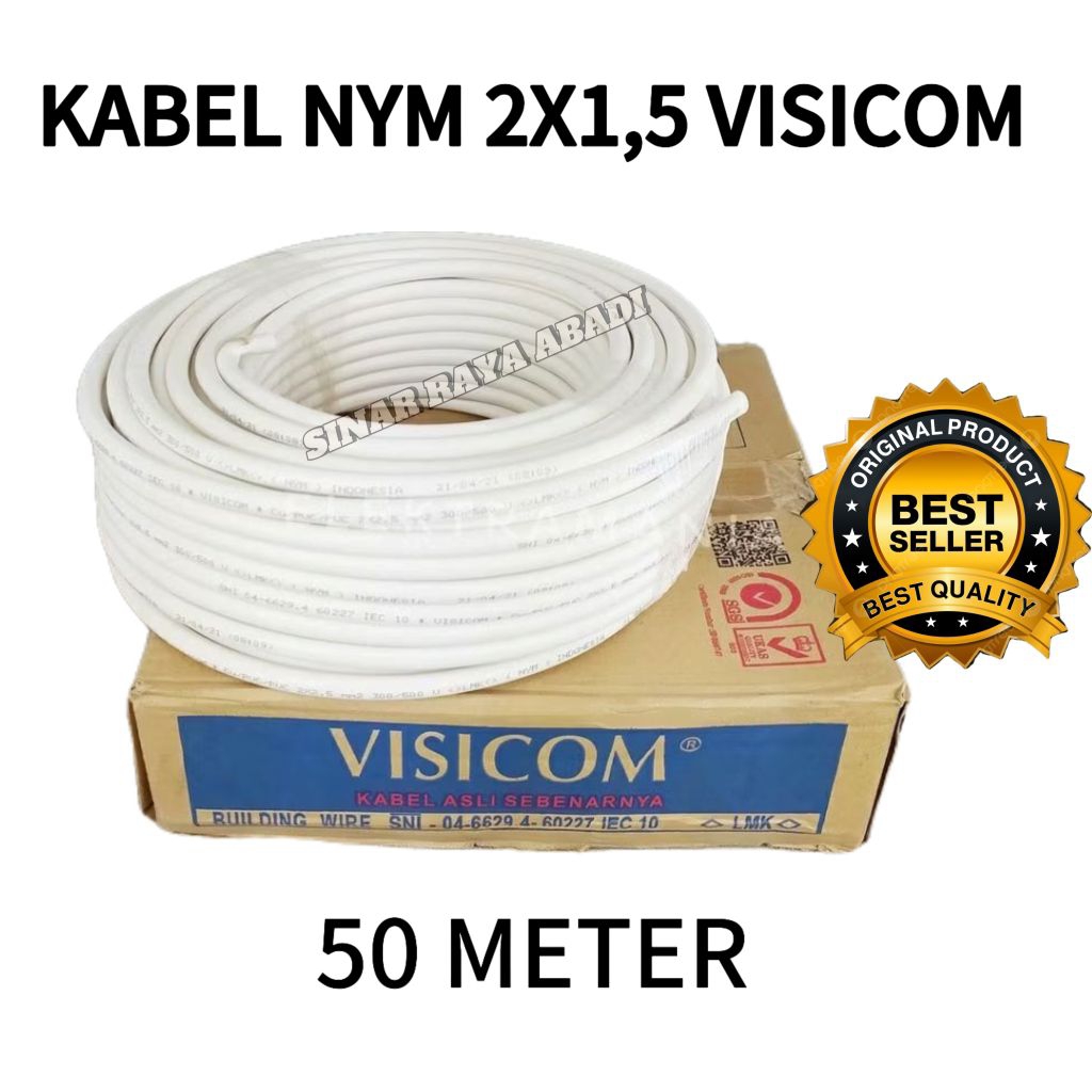 kabel listrik nym 2x1,5 visicom 50 meter, tembaga murni ,kabel kawat isi 2, 2x1,5 Visicom Original