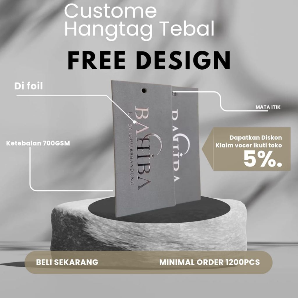 

(FREE DESIGN) Label hang tag baju hot print/foil embose full colour 2 sisi hang tag custom hang tag