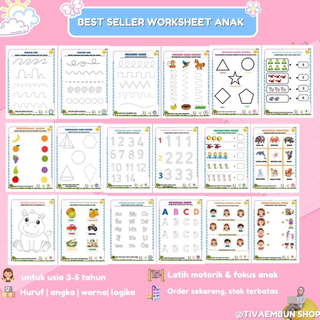 

WORKSHEET ANAK| TRACING MEWARNAI BERHITUNG| LEMBAR AKTIVITAS ANAK UNTUK USIA 3-5 THN| KERTAS HVS A5 DGN KETEBALAN SESUAI| BELAJAR TANPA GADGET BELAJAR LOGIKA DAN BERPIKIR KRITIS TANPA LAYAR