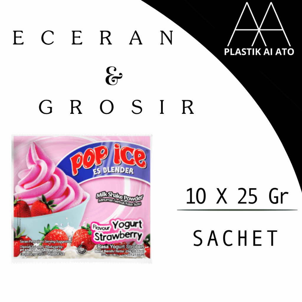 

Pop Ice Milk Shake Powder Yogurt strawberry 25 gr x 10 sachet / Pop ES buah series / popes yogurt/yoger/yoher /eceran dan grosir cocok untuk warung