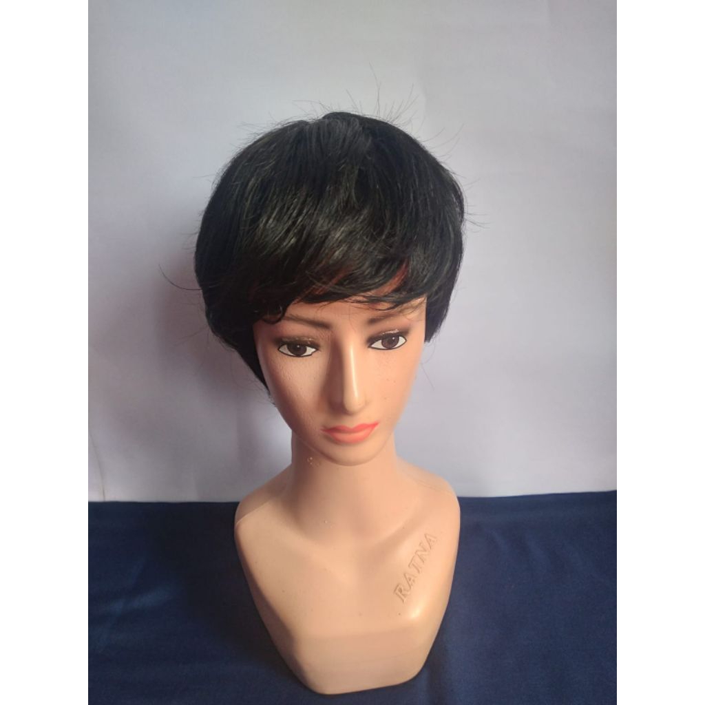 Wig pria rambut palsu pendek ikal warna hitam
