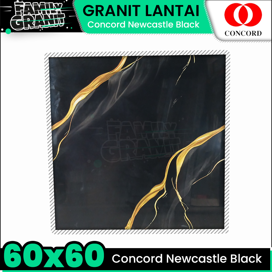 Granit Lantai 60x60 Concord Newcastle Black Motif Marmer Emas Tekstur Glossy