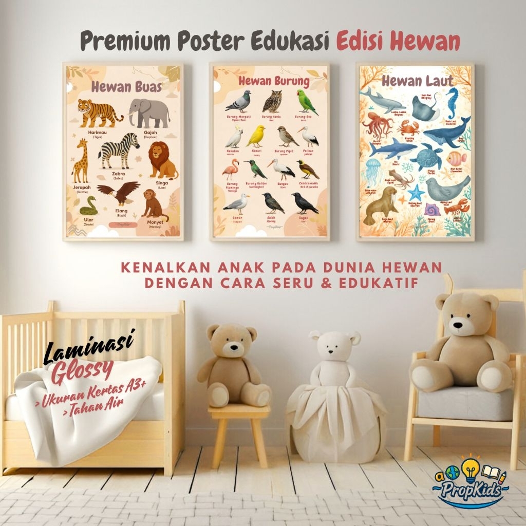 Poster Belajar Anak Tema Hewan A3+ | Hewan Buas, Burung, Laut | Edukatif & Estetik