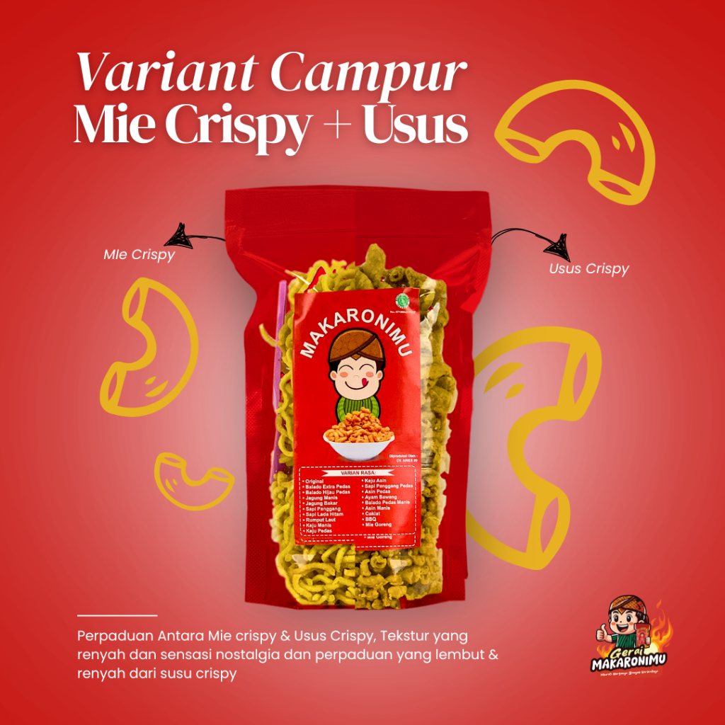 

Gerai Makaronimu | MIE CRIPSY MIX USUS CRISPY | Usus Pedas / Usus Pedas Daun Jeruk / Usus Crispy
